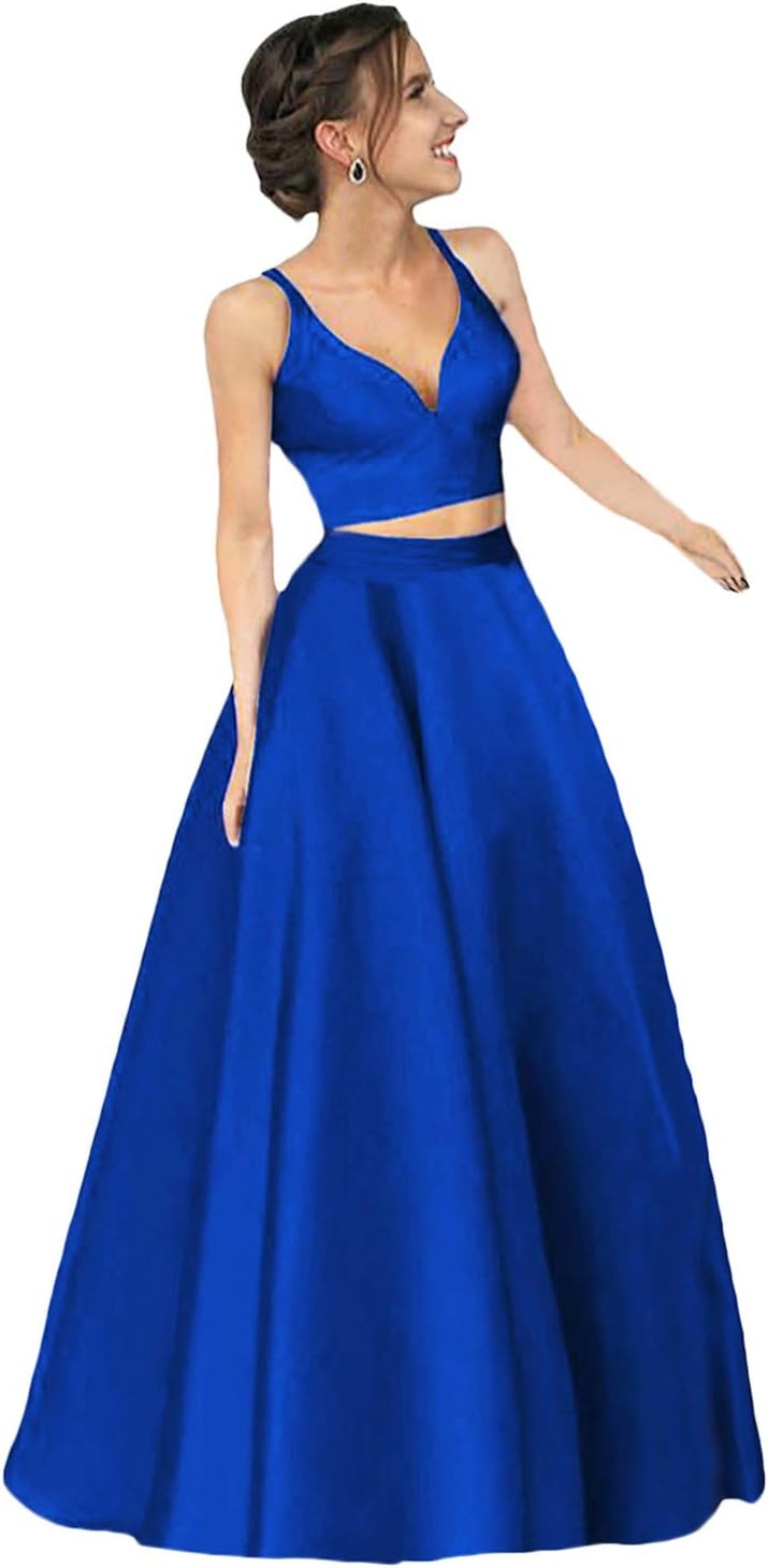 Dymaisei Women's Two Piece Spaghettis Satin Prom Dresses Long Formal Party Dress