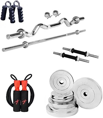 Produman Home Gym & equipment combo of 50 kg steel plates with 3 ft curl rod & 5 Ft Straight rod + 1 pair of dumbbell rods (Free hand grip and adjustable pocket size skipping rope)