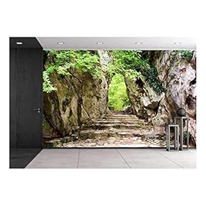 Scenic Stone Stairs Leading Up to Gate in Rocks Among Green Foliage - Removable Wall Mural | Self-Adhesive Large Wallpaper - 66x96 inches