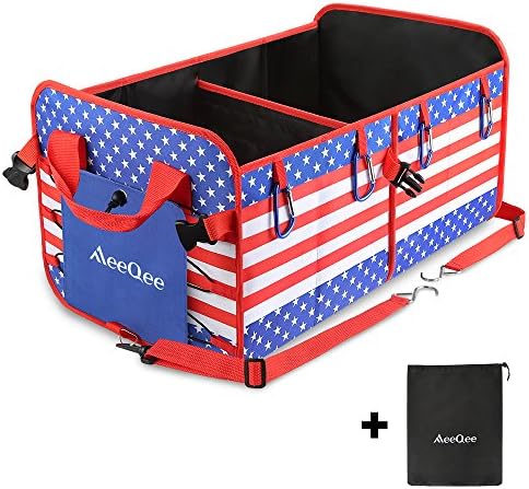 MeeQee Car Trunk Organizer for SUV by, Collapsible Cargo Storage – Non-slip Bottom Strip to Prevent Sliding – Heavy Duty Durable Cargo Container + 2 Straps + Storage Bag, American Flag Version