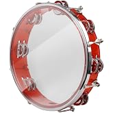 ENNBOM Tambourine Adjustable Tone Hand Drum Double Row Metal Jingles Hand Bell Performance Level Handheld Percussion (Red)
