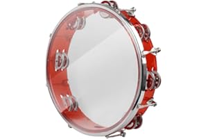 ENNBOM Tambourine Adjustable Tone Hand Drum Double Row Metal Jingles Hand Bell Performance Level Handheld Percussion (Red)
