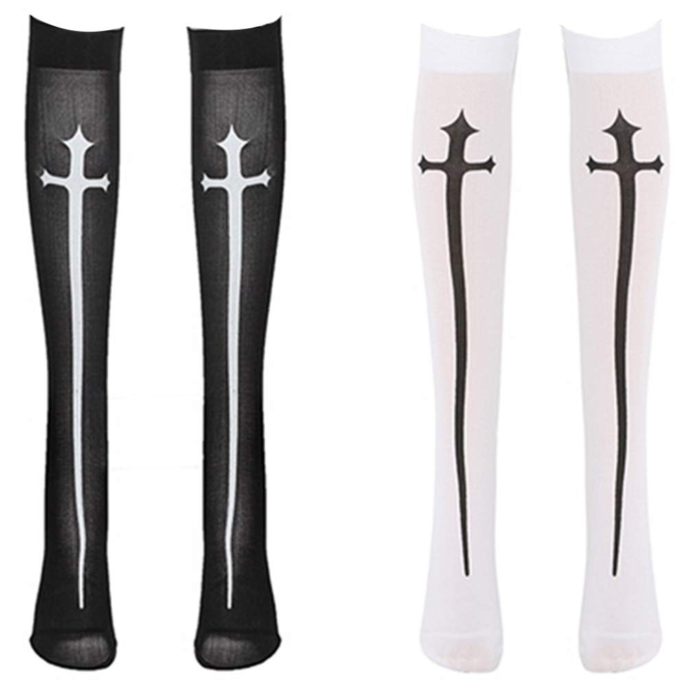 PRETYZOOM 2 Pairs Gothic Cross Thigh High Stocking Opaque Pantyhose Nun Cosplay Stocking Halloween Costume for Women Teen Girl (Black White)