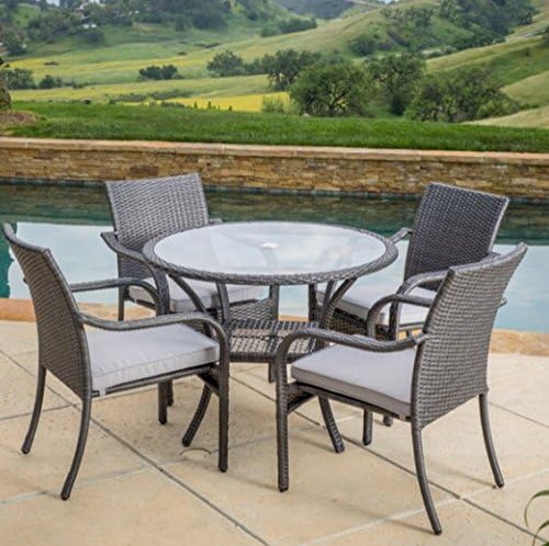 Patio Furniture 5 Piece Outdoor Grey Wicker Dining Set with Cushions
