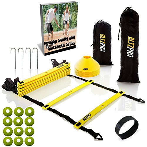 Bltzpro AGILITY LADDER with CONES Fitness Gear- Improve Soccer,Football & Sports Skills, Used by Athletes & Coaches.16ft| 12 Adjustable Rungs|12 Cones|2 Carry Bags|4 pegs|footwork drills ebook