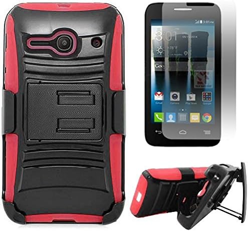 [SlickGearsTM] Heavy Duty Combat Armor Kickstand Case w/ Belt Holster for Alcatel OneTouch Evolve 2 4037T (T-Mobile, MetroPCS etc...) + Premium Screen Protector (Red)