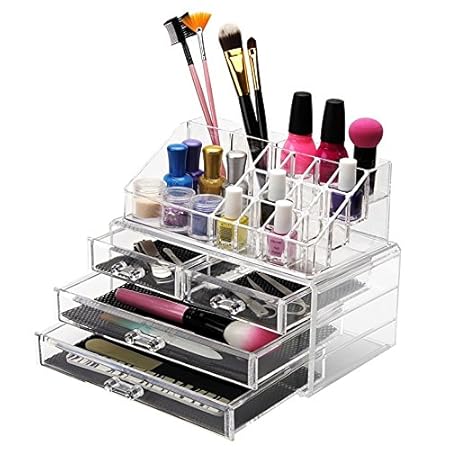 Acrylic Jewellery & Cosmetic Storage Display Boxes Double Layer Beauty Vanity Jewellery Clear Acrylic Make Up Cosmetic Display Stand and Organizer Rack - 4 Draw