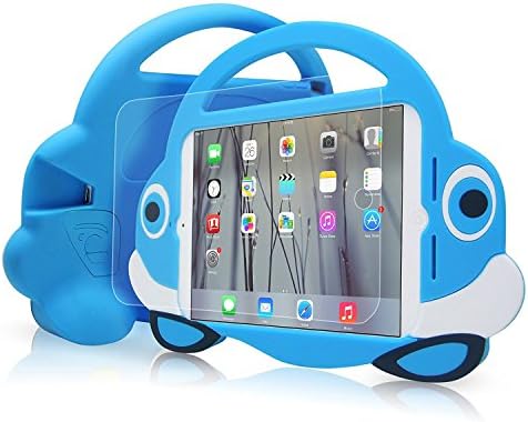 [Cartoon Car Style]Ipad Mini Case,TopEs Kids Fun Mini Cartoon Shockproof Silicone Protective Case Cover+(Tempered Glass Screen Protector) for iPad Mini, Mini 2, Mini 3 and Retina Models (Blue)