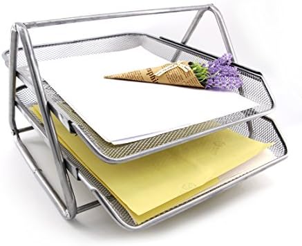 HAODE FASHION 2 Tiers Steel Mesh Document Tray, File Basket, Office Desk Organizer, Letter Tray Organizer, Desktop Document Paper File Organizer, Silver