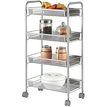 Azadx Space-Saving Honeycomb Mesh Style Removable Storage Cart Silver, Standing Shelf Rack Units with Wheels for Kitchen/Bathroom/Office (4-Shelf)