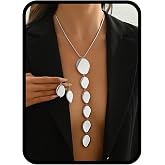 JWIGP Statement Necklace and Earrings Set &ndash; 2PCS Gold Silver Chunky Geometric Pendant Jewelry with Snake Chain, Asymmetrical Ellipse Y-Necklace Metallic Fashion Jewelry for Women