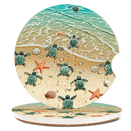 Turtles On The Beach Absorbent Cup Holders Car Coasters,Ceramic Stone Drinks Coaster Set for Women Man 6.5 cm (2 Pack)