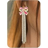 RechicGu Long Tassel Bow Earrings for Women Cute Bowknot with Sparkly Rhinestone Tassels Drop Dangle Earrings Bow Statement Stud Wedding Christmas Party Daily Jewelry Accessory Gifts