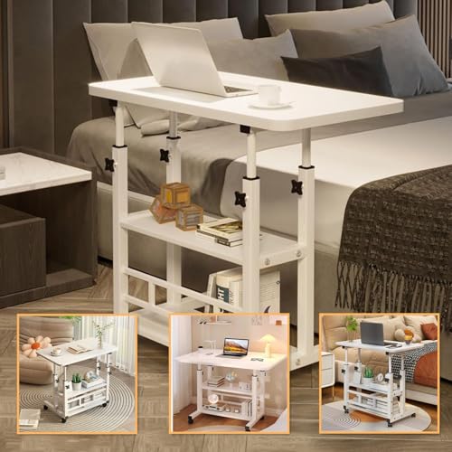Beauenty Home Office Desk,Computer Desk,Height Adjustable Laptop Table,Portable Small Computer Desk with Rolling Wheel,Modern Side Table for Home Office,Study,Reading(White, 80 * 40 * 60-90cm)