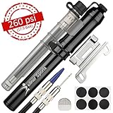 Wellner Sports Mini Bike Pump – 260 PSI For both Schrader & Presta Valves – Mounting Bracket, Ball Needle, Balloon Valve & BONUS Patches - Efficient Cycle Hand Portable Air Pump