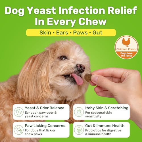 Puyrzoe Yeast Infection Treatment for Dogs, Itchy Skin, Paw Licking, Ear Odour & Allergy Relief, 200 Soft Chews, Dog Yeast Infection Treatment, Immune & Gut Support with Probiotics, Chicken Flavour