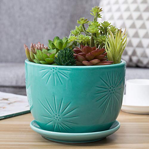 MyGift 7 Inch Turquoise Ceramic Indoor Plant Pot Decorative Sunburst