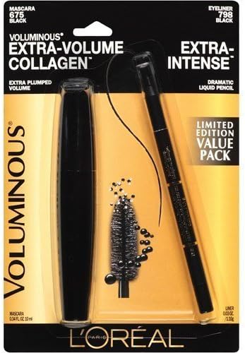Value Pack L'oreal Voluminous Extra-volume Collagen Mascara #675 Black Washable Mascara + L'oreal Extra-intense Black Eyeliner #798 Full Size.
