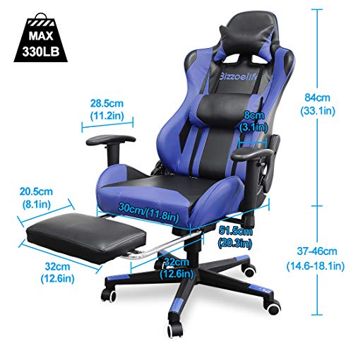 Gaming Chair Ergonomic Racing - Bizzoelife High Back PU Leather Adjustable Office Chair with Footrest Backrest Headrest (Blue)