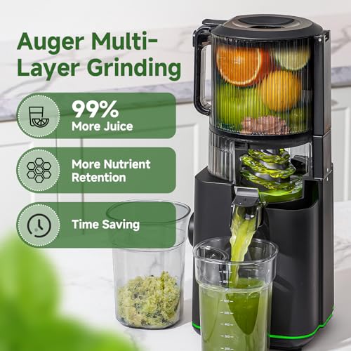 AMZCHEF Cold Press Juicer, Slow Masticating Juicer with 160mm Wide Feed Chute & 2.5L Large Hopper, 3-in-1 Juicer Machines with 2 Strainers(Juice, Nut Milk & Sorbet), Quiet Motor, Quick Release Design