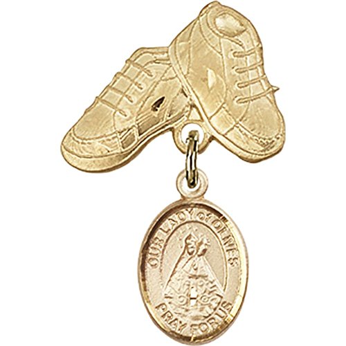 14kt Yellow Gold Baby Badge with Our Lady of Olives Charm and Baby Boots Pin 1 X 5/8 inches