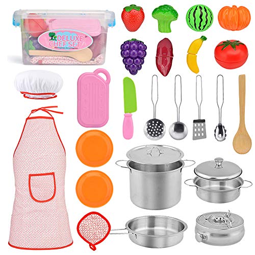 Exqline Kids Kitchen Pretend Play Toys - 25 Pcs Included Stainless Steel Stove and Cookware Pots and Pans Set, Cooking Utensils Accessories, Cutting Vegetables & Fruit, Apron & Chef Hat for Girls Boys - Thumbnail 7