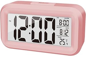 KAIJIELY Upgraded Digital Alarm Clock, 4.3" LED Display with Temperature Larger Lound Light Control Portable Snooze Calendar Brightness with Battery Powered Alarm Clocks Bedside for Everyone (Pink)