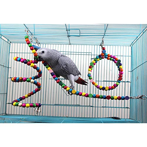 QBLEEV Bird Toys Cage Playset, Hanging Climbing Chewing Wooden Parrots Toys, Colorful Ladder Swing Perch Stand, Bungee Beads Toys for Cockatiel Conures Parakeet Small Macaw African Grey