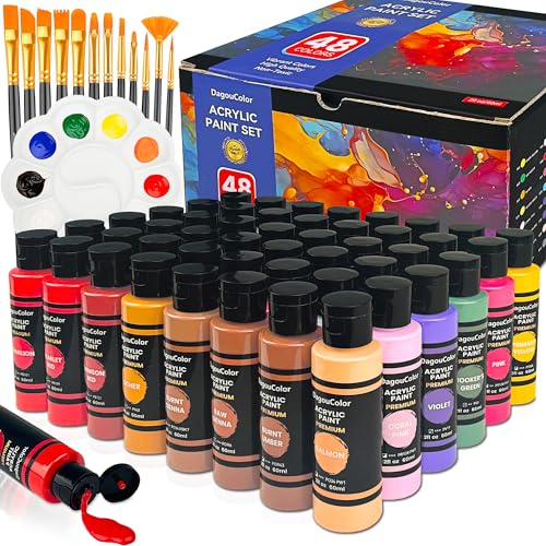 DagouColor 61 PCS Acrylic Paint - 48 Acrylic Colors (60ml) with 12 Brushes and 1 Palette, Art Gifts for Fabric Canvas, Stone, Acrylics for Painting for Beginner Artists