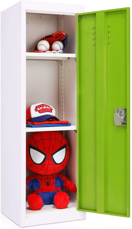 INVIE Kids Steel Storage Locker 3 Tier Steel Locker, Metal Cabinet with Key and Lock, Kids Toy Safe Storage for Home and School (Green Door)