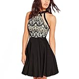 Dreaweet Women's Mesh Vintage Floral Lace Swing Halter Neck Sleeveless Skater Dress