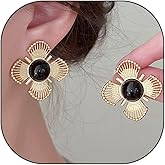 14K Gold Hollow Flower Stud Earrings for Women,Vintage Statement Black Acrylic Large Floral Dangle Earrings,Unique Formal Prom Jewelry Gifts