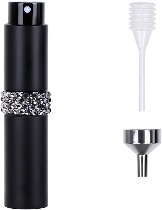 Travel Perfume Atomizer Refillable with Small Funnel, Rhinestone Decoration 8ml Portable Empty Atomizer Perfume Bottle Case for Traveling and Woman Gifts (Matte Black)