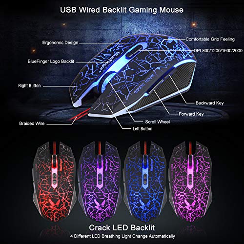 BlueFinger Gaming Keyboard and Mouse,USB Wired Backlit Gaming Mouse and