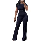 HBQ Women Two Piece Outfit Ribbed Short Sleeve V Neck Polo Top and Flare Pants Casual Lounge Sets Tracksuit