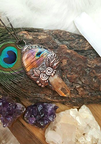 Labradorite Tangerine Aura Quartz Electroformed Pendant. Crystal Witch Talisman Amulet Gemstone Wiccan Pagan.