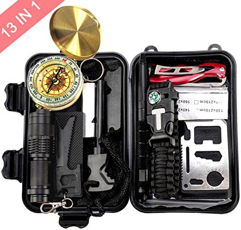 Emergency Survival Kit 13 in 1,Anyprize Outdoor Survival Basic Gear with Survival Bracelet,Folding Knife,Compass,Emergency Blanket,Fire Starter,Whistle,Tactical Pen, Outdoor, Mountain Climbing, Travel