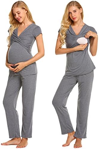 pehie Women's Maternity Nursing Pajama Soft Hospital Sleepwear Set Cotton Short Sleeve Pregnancy Breastfeeding PJ S-XXL