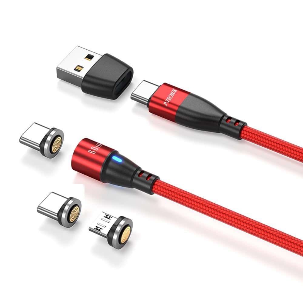 P-TECHUK 60W Super Fast USB C Magnetic Charging Data Cable, Fast Charging Cable compatible with all Devices. A18 Red (2M Cable, 3 x Tips)