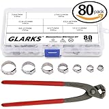 Glarks 80Pcs 7-21mm 304 Stainless Steel Single Ear Stepless Hose Clamps with Pincers Kit