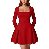 XXTAXN Women's Sexy Corest Long Sleeve Square Neck Ruffle Pleated Wedding Guest A Line Mini Dress