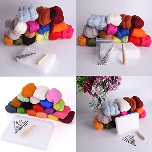 Soft Wool Felt + Felting Needle Tools Set Mat Starter Kit DIY Craft, Set of 25/16 Colors (16 Colors)