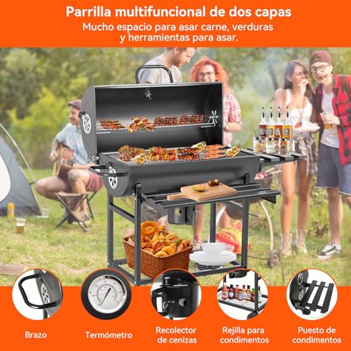 Asador de Carbon Portatil con Ruedas,Sador de Carbon Con Tapa y Doble Nivel,Parrilla Asador de Carbón con Mesa Frontal Lateral,Parrilla de Carbón Premium,Gran Capacidad,para Jardín,Patio