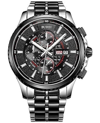 BUREI® Mens Luminous Chronograph Day and Date Watch with Two-Tone Bracelet,Black Bezel Black Dial