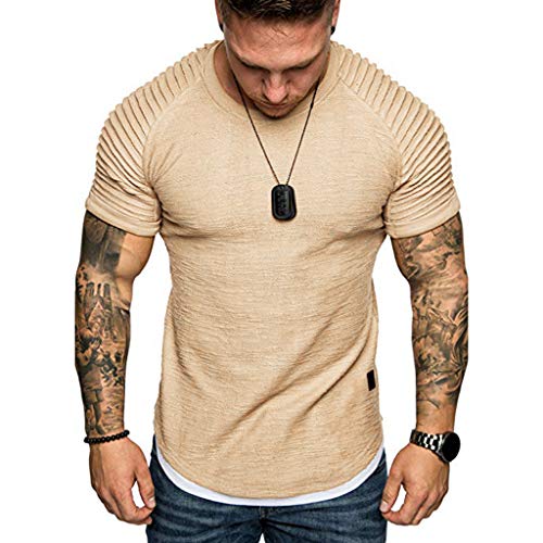 Ximandi Fashion Men's Summer Pleats Slim Fit Raglan Short Sleeve Pattern Top Blouse Khaki - Thumbnail 5