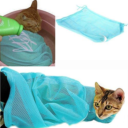 yuxufeng Adjustable Polyester Mesh Big Cat Grooming Bag Dog Cleaning No Scratching Biting Restraint for Bathing Nail Trimming Injecting Examing Blue