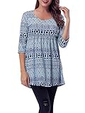 Gemijack Women's Blue Geometric Print Tunic 3/4 Sleeve Blouse Shirt Tops