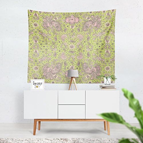 Green 'Birds of a Flower' wall hanging folk art tapestry. Original floral illustration by mixed media artist C.Cambrea. Shabby chic home accessories.