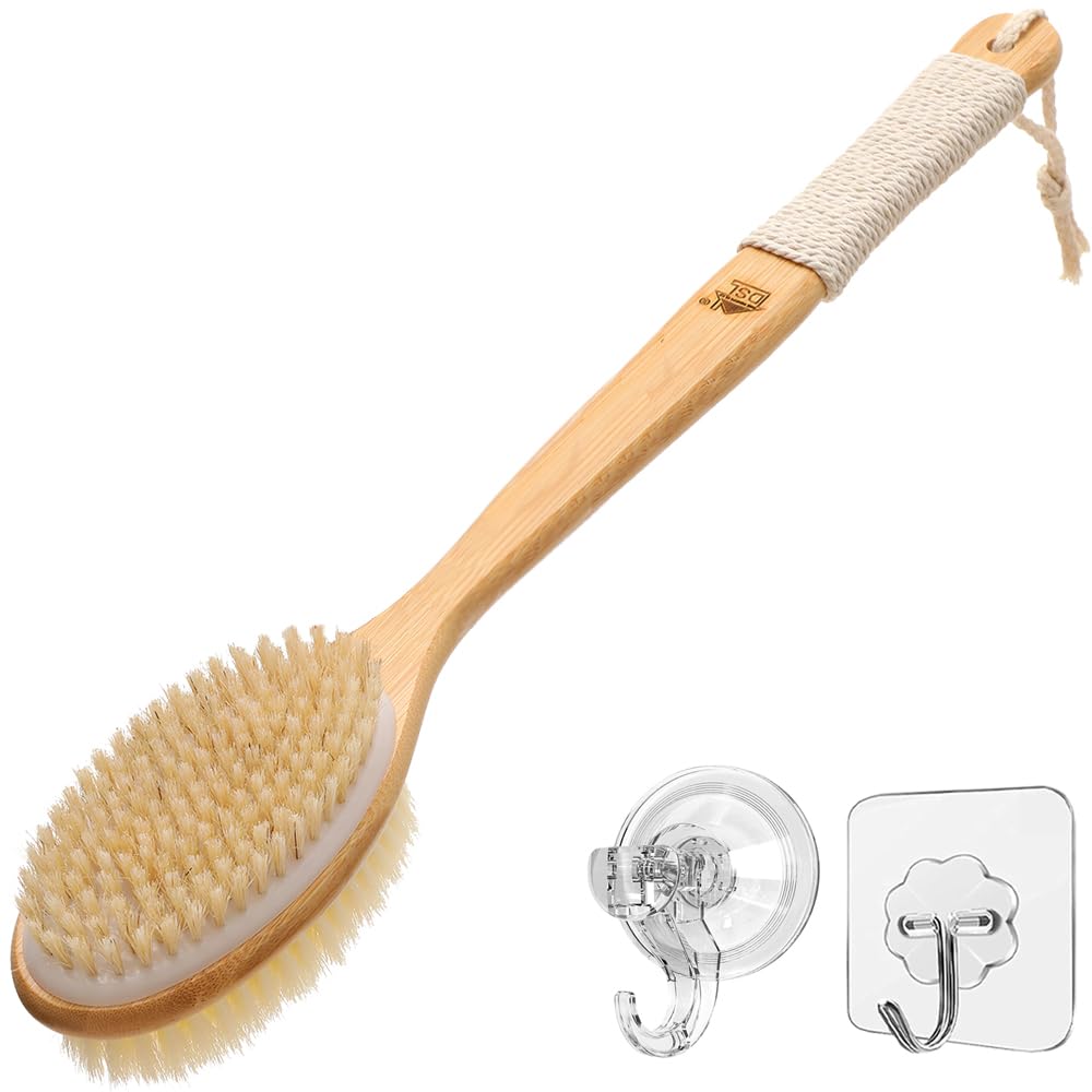 DSL Back Scrubber for Shower with Long Handle – Natural Bamboo Dual-Sided Body Brush, Soft & Stiff Bristles for Exfoliating, Deep Cleansing & Massage, Includes Hanging Rope & Hook