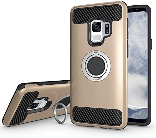 Samsung Galaxy S9 Case,Setber Soft TPU Back Cover+Colorful Hard PC Bumper Dual layer 2 in 1 with Finger Ring Holder Kickstand Fit Magnetic Car Mount for Samsung Galaxy S9 -Gold